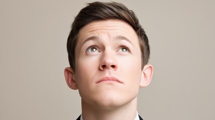 Fototapeta premium A young man in a formal suit gazes thoughtfully upwards, reflecting a sense of hope and ambition