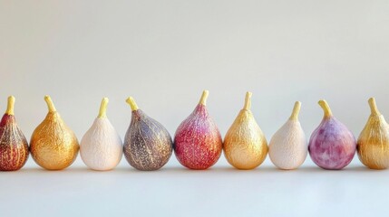 Row of nine small figs arranged in a line on a plain white background. the figs are of different sizes and shapes, with the largest one in the center and the smallest one on the left side.