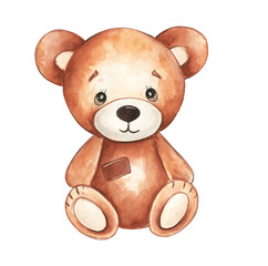 Cute brown teddy bear illustration created with watercolor techniques, showcasing a soft, friendly expression and charming details
