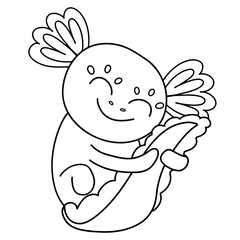 cute little axolotl gently hugs its tail, black coloring