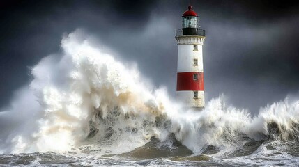 Powerful waves crashing against a lighthouse