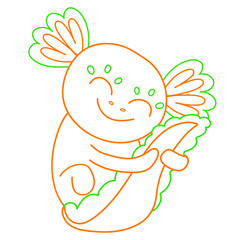 little axolotl hugging his beloved tail, outline