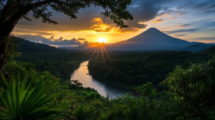 Sunset over Tropical River and Volcano