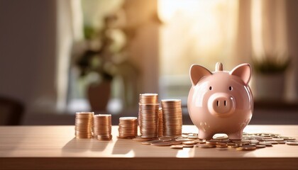 saving strategies piggy bank with coins home office financial planning bright light creative budgeting