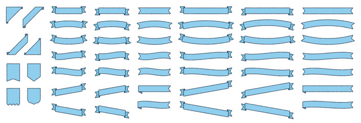 手書き風　ブルーのリボンフレームセット　装飾用・見出し用・飾り枠にも使えるシンプル素材