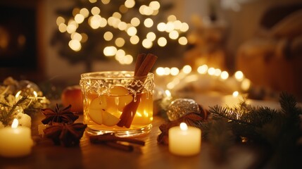 Cozy Christmas spiced apple cider drink by candlelight.
