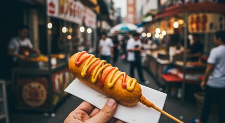 Corn dog with ketchup and mustard in street market