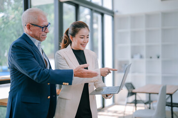 Senior businessman and young businesswoman are using laptop and discussing work in modern office,...