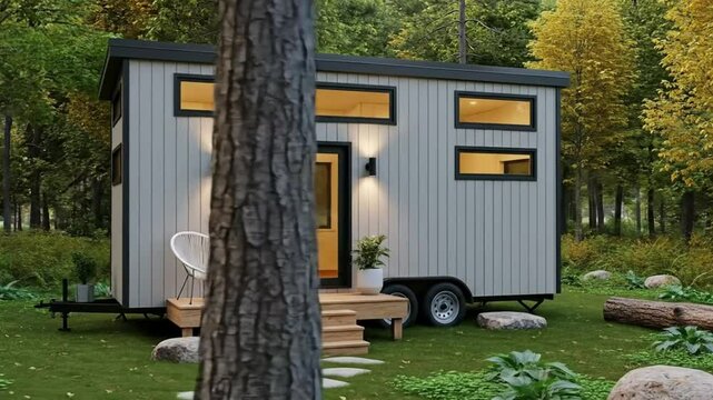Video 4K. A stylish, modern tiny home set in a vibrant green forest, offering a peaceful retreat experience