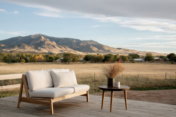Fototapeta premium tiny house glamping terrace overlooking majestic mountains featuring cozy furniture and serene atmosphere