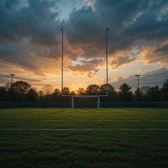 Obraz premium Serene Sunset over Football Field Dramatic Sky and Goalposts