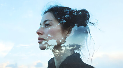 A thoughtful woman"s profile blended with a sky and clouds, creating a double exposure effect and a dreamlike atmosphere.