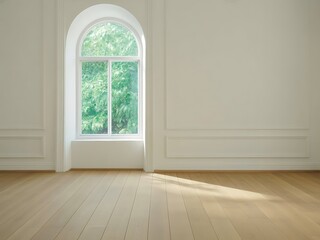 Elegant Empty Room with Arch Window and Light-Colored Wood Floor