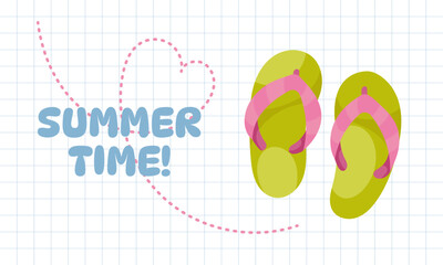 Cute Summer Illustration with Flip-Flops and Heart Trail on grid background