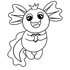 Cute cheerful axolotl prince in a crown with a heart in his hands, black coloring