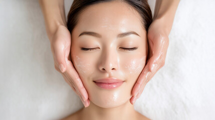 しっとりと潤った肌をフェイシャルマッサージ中のクローズアップ（美容・コスメ・スパ）