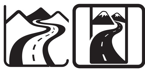 A minimalist black and white icon vector  set featuring a winding mountain road, one framed and one open.