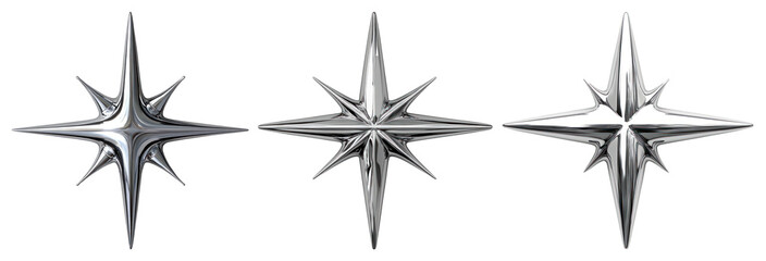 PNG Three metallic star-shaped 3D designs with sharp points element set on transparent background.