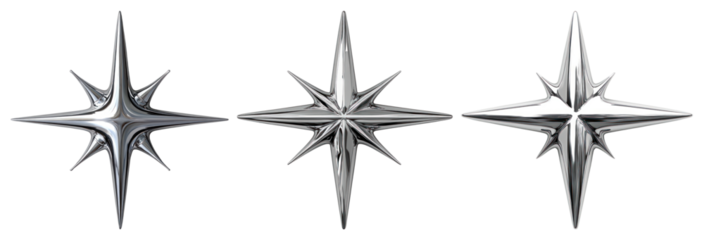 PNG Three metallic star-shaped 3D designs with sharp points element set on transparent background.