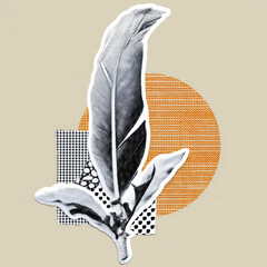 Feather bird gently curved with halftone dots and orange circle background in monotone style