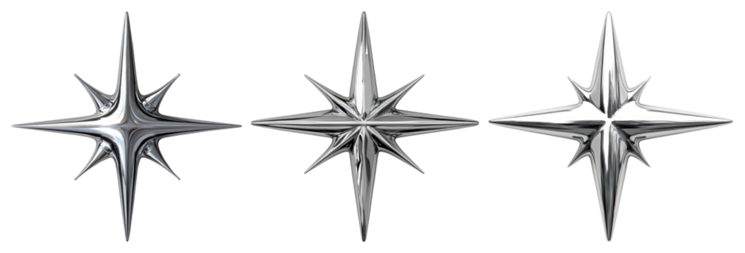 PNG Three metallic star-shaped 3D designs with sharp points element set on transparent background.