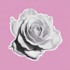 Black and white blooming rose with curling petals in halftone dots on pink background