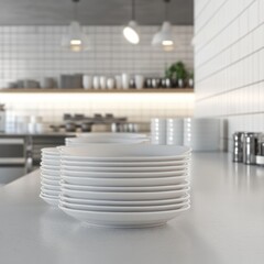 Clean, stacked plates on a countertop in a modern cafe