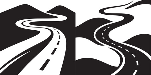 A sleek vector, minimalist black silhouette of a winding road receding into the distance, with clear white dashed lines.