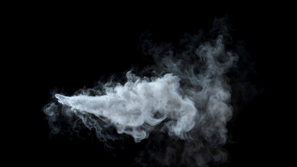 Large White Steam Jet gushes from one point with strong Pressure like a Leak into a pipe on a Black Background
