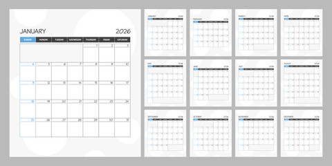 Monthly calendar blue square planner schedule for 2026 year. Week Starts on Sunday