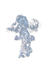Plume of vapor billowing upward with a central area illuminated by a soft glowing light giving it ethereal appearance on a uniform background
