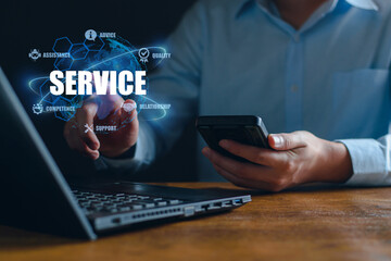 Business service online technology, Businessman touching digital globe hologram, Quality relationship, customer service advice and support, Technology AI assistance