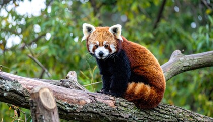 Captivating red panda perched on a rustic tree branch amidst vibrant foliage
