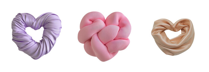 Set of Elegant Fabric Heart-Shaped Accessories in Soft Colors Soft Pink Lavender and Beige Ideal for Fashion and Home Decor, Isolated on transparent background