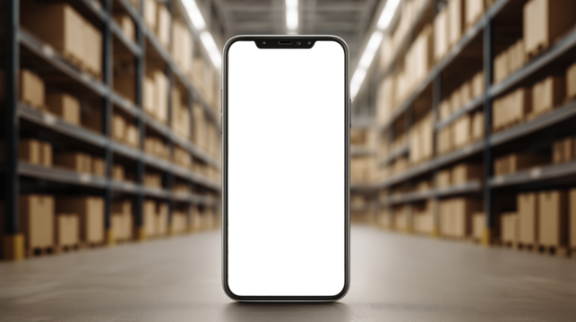 Modern warehouse environment features blank screen mobile device prominentlywith copy space - Powered by Adobe