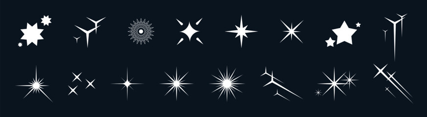 Y2K star icon collection. Includes sparkling shapes, glitter bursts, glowing flares, and magical pictograms. Retro silhouettes, abstract doodles, and modern elements perfect for festive design themes.