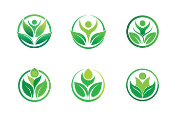 Set of stylized green leaves logo design on circle 