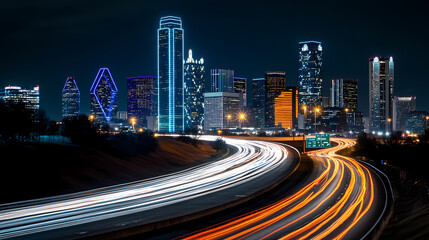 Dallas Skyline at Night with Light Trails