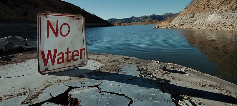 Cracked Earth and Dry Reservoir With a Prominent "No Water" Sign Highlighting the Ongoing Climate-Induced Water Crisis
