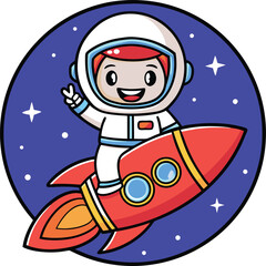 Fototapeta premium Cartoon astronaut waving while riding a red rocket in space with stars on a blue circular background