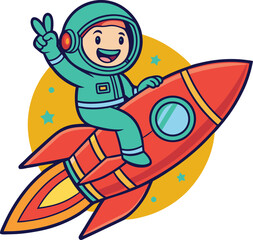 A cartoon astronaut with a teal spacesuit riding a red rocket ship with a yellow circle backdrop stars