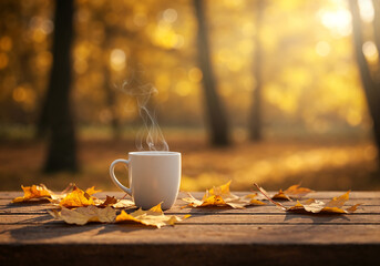 Steaming Coffee Cup on Autumn Leaf-Covered Wooden Table &ndash; Cozy Fall Morning in Nature with Warm Light