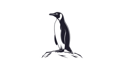 Naklejka premium The image presents a stylized illustration of a penguin, rendered in monochrome with a high contrast between black and white. The penguin is depicted in a standing pose on a small, subtly textured.