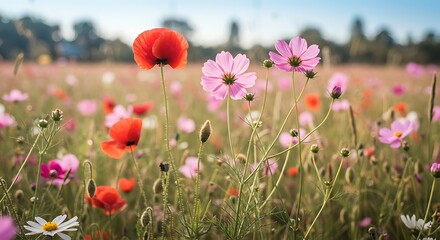 Obraz premium Colorful wildflower meadow with red poppies and pink cosmos flowers in bloom