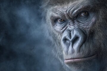 Portrait of a gorilla, dark blue background and fog.