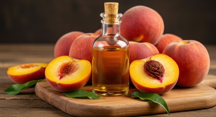 Peach oil essence natural fragrance fresh fruit and wooden board