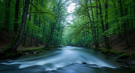Obraz premium Lush green forest with smooth flowing river creating a serene and tranquil natural landscape