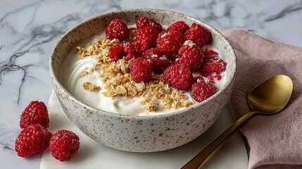 A fresh bowl of creamy yogurt topped with crunchy cereal sits on a sleek marble surface, ideal for a healthy breakfast.
