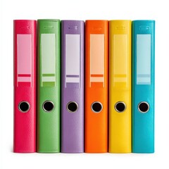 Colorful lever arch files stand in a row against a white background.
