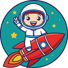A cartoon astronaut riding a red rocket with a teal background and yellow stars giving a peace sign